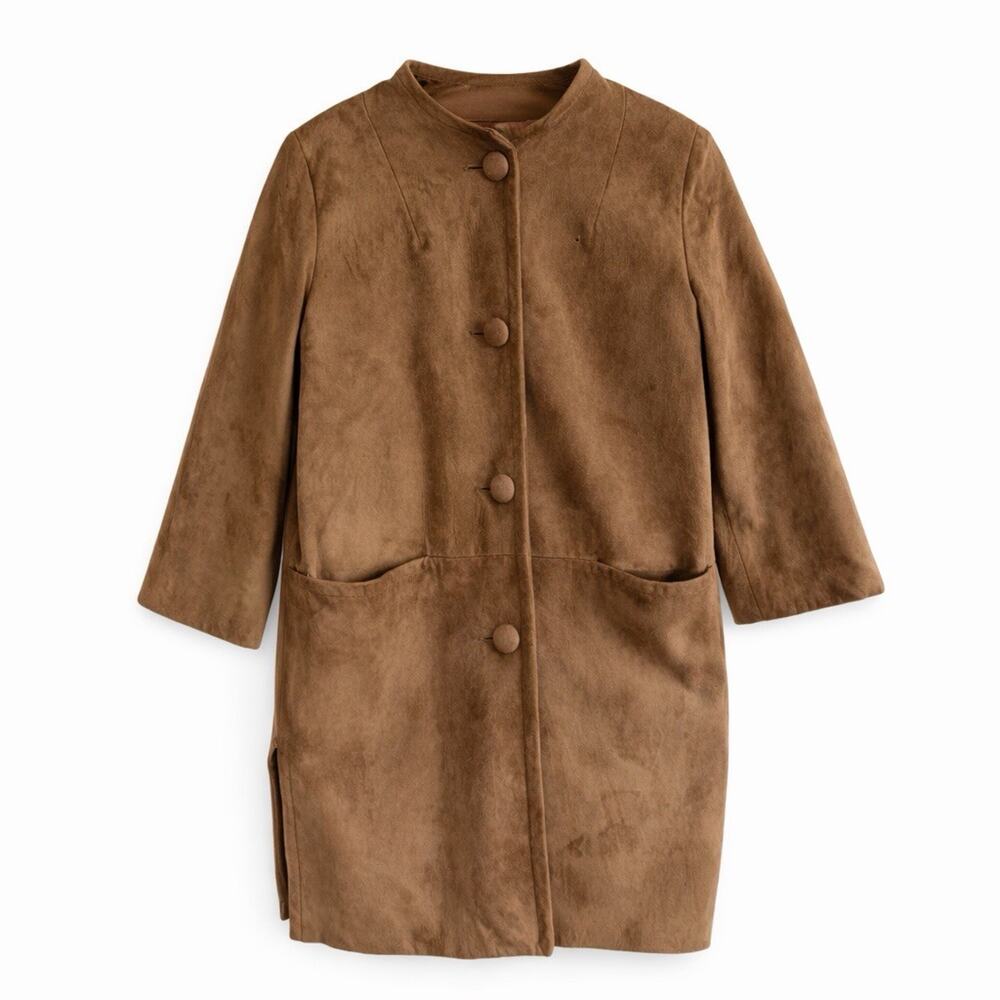 Vintage 1960s Camel Suede Collarless Swing Coat Covered Buttons Mid Century Sz 8